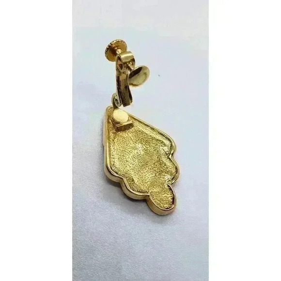 Vintage Gold Earrings Cherry Red & clear Rhinestone Clip & Screw Peacock Feather - Picture 8 of 9